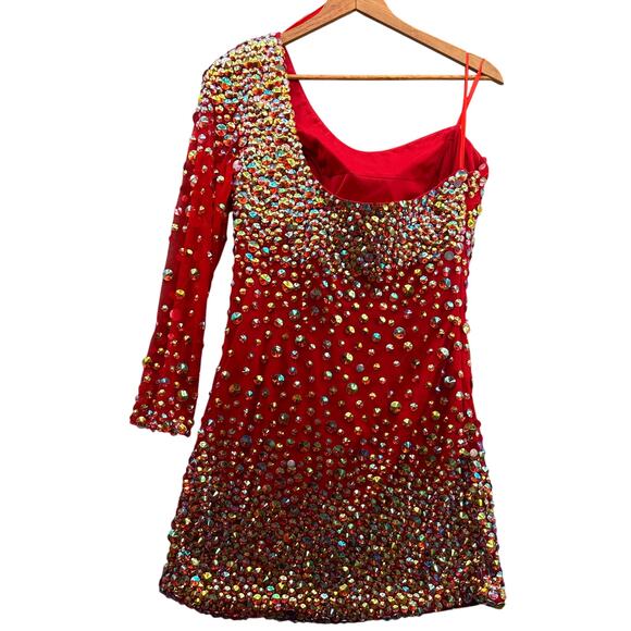 Angela & Alison Red Beaded One Sleeve Prom Formal Mini Short Dress Women 16 - Picture 6 of 10
